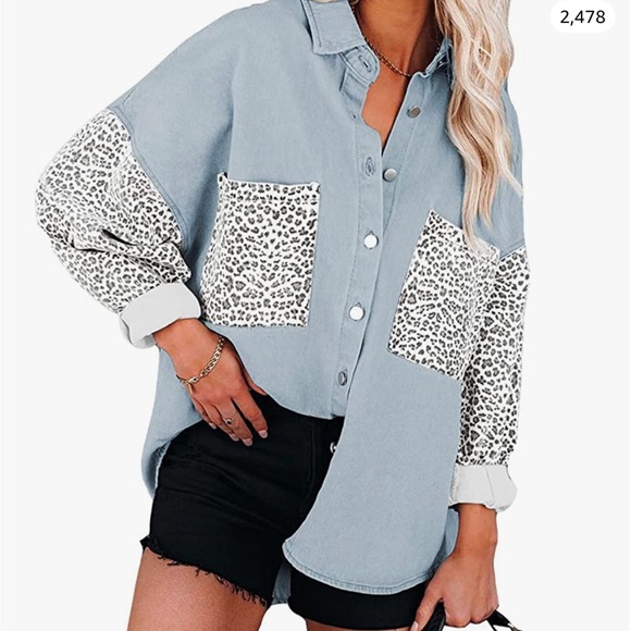 Denim Leopard Jacket Long Sleeve Button Down Shirt Oversized - Picture 2 of 3